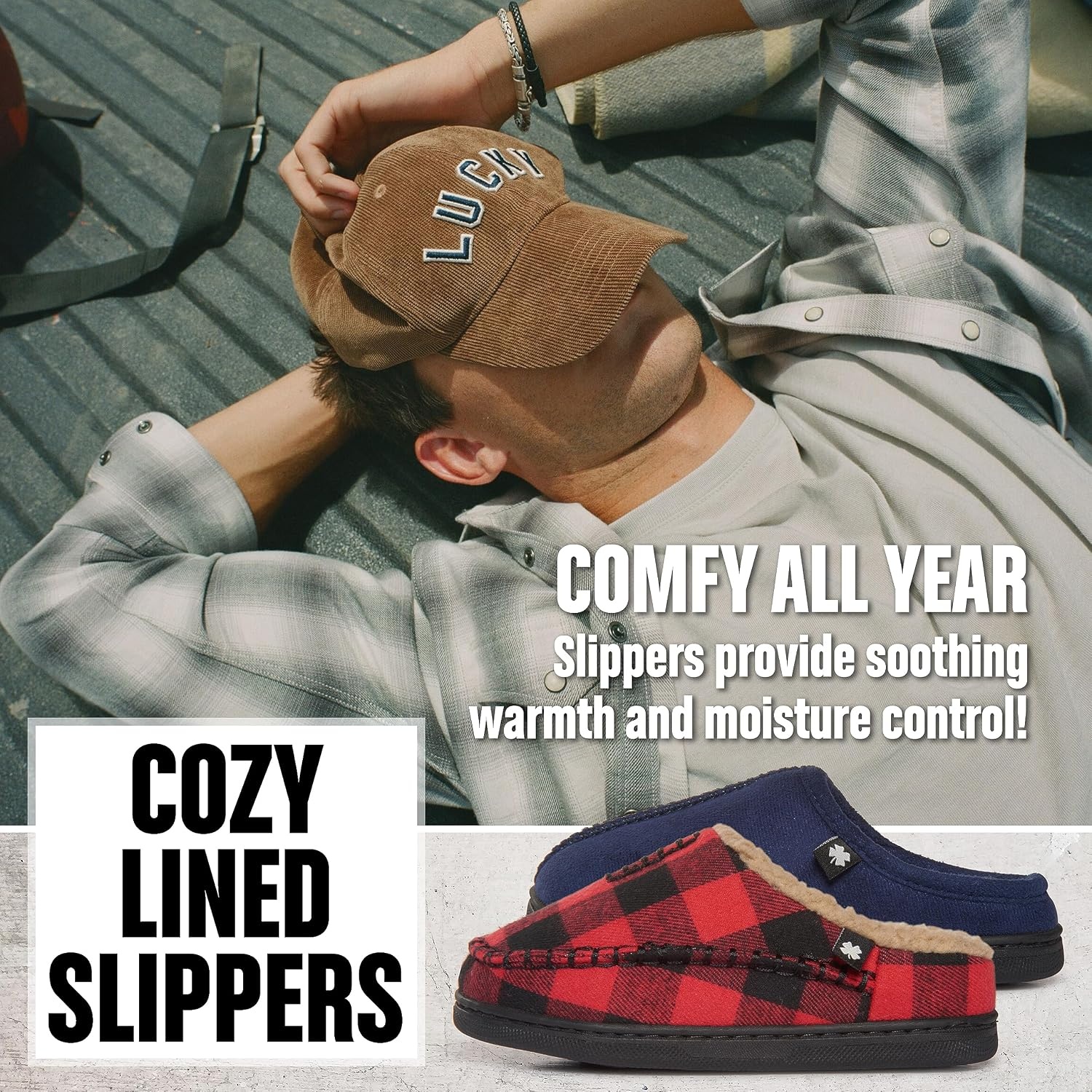 image:imageLucky Brand Boys Buffalo Plaid Memory Foam Clog Slippers Non Slip Rubber Sole House Shoes Kids Cozy Fluffy Bedroom ClogsGrey