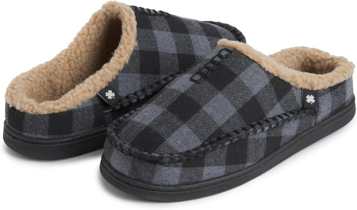 image:imageLucky Brand Boys Buffalo Plaid Memory Foam Clog Slippers Non Slip Rubber Sole House Shoes Kids Cozy Fluffy Bedroom ClogsGrey