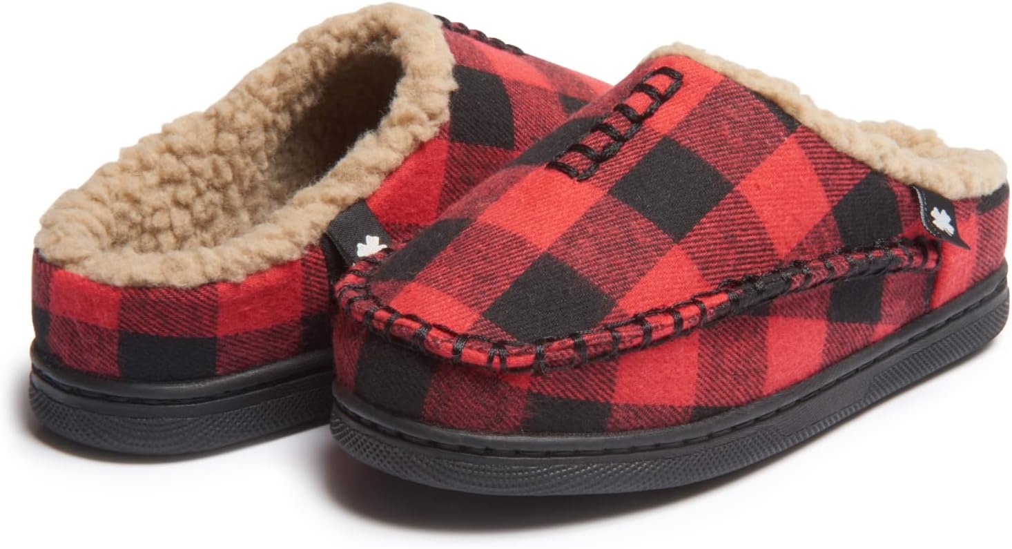 image:imageLucky Brand Boys Buffalo Plaid Memory Foam Clog Slippers Non Slip Rubber Sole House Shoes Kids Cozy Fluffy Bedroom ClogsRed
