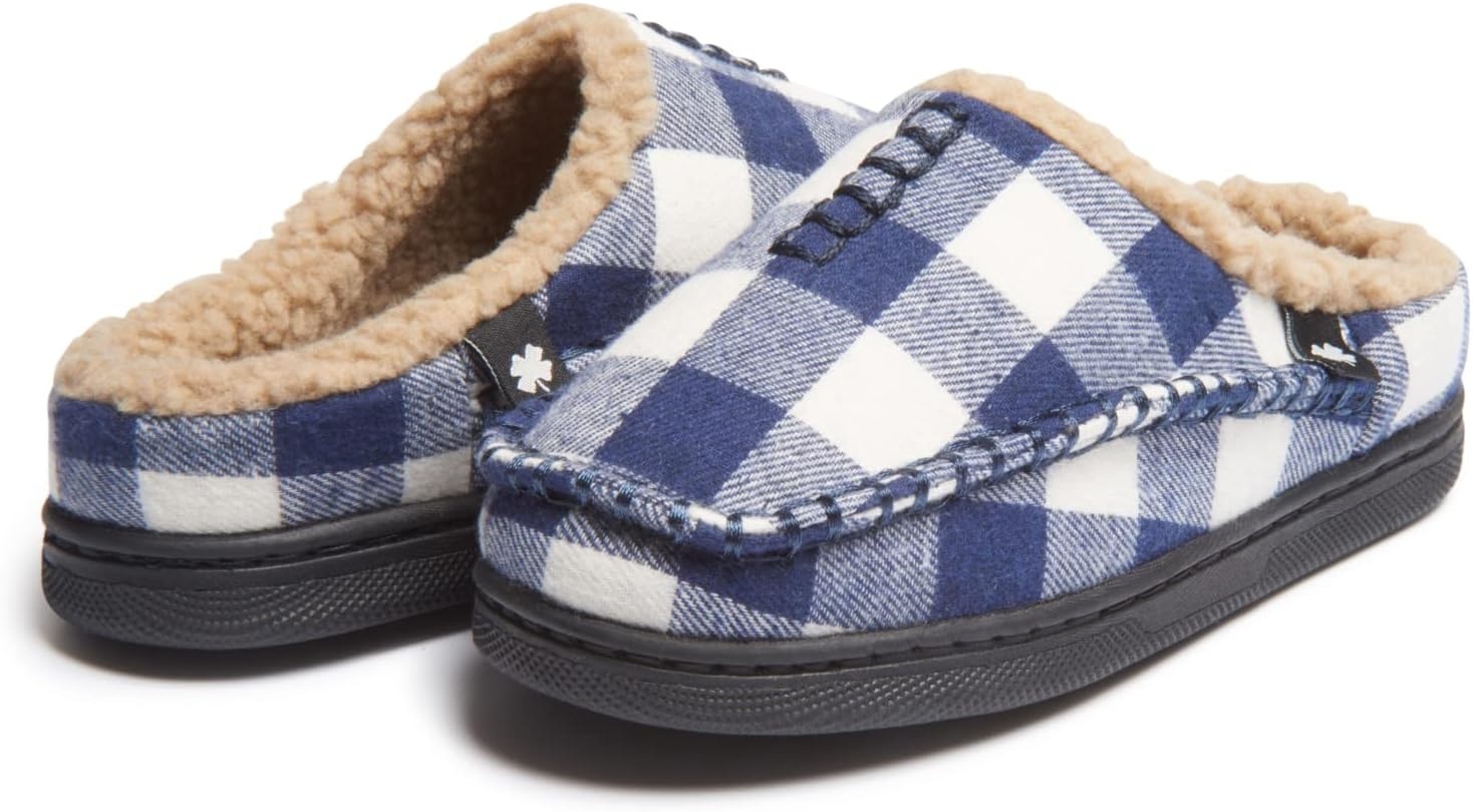 image:imageLucky Brand Boys Buffalo Plaid Memory Foam Clog Slippers Non Slip Rubber Sole House Shoes Kids Cozy Fluffy Bedroom ClogsWhite Navy