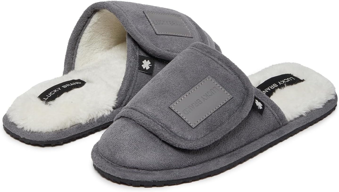 image:imageLucky Brand Boys Slippers Fuzzy Non Slip Memory Foam House Slippers for Kids Plush Soft Rubber Sole Bedroom ShoesGrey