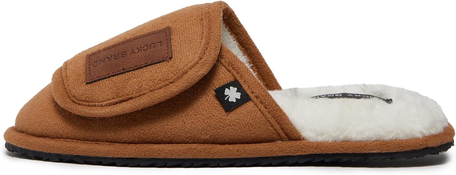 image:imageLucky Brand Boys Slippers Fuzzy Non Slip Memory Foam House Slippers for Kids Plush Soft Rubber Sole Bedroom ShoesTan