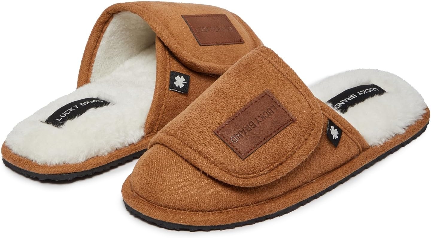 image:imageLucky Brand Boys Slippers Fuzzy Non Slip Memory Foam House Slippers for Kids Plush Soft Rubber Sole Bedroom ShoesTan