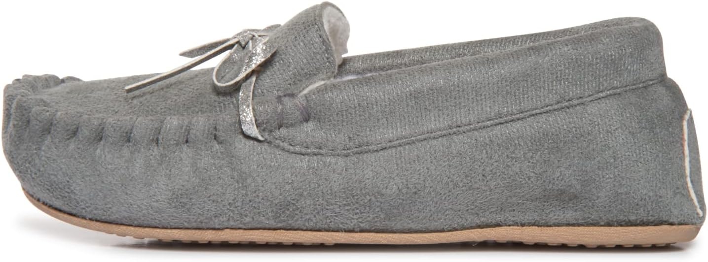 image:imageLucky Brand Girls Plush Glitter Bow Moccasin Slippers Rubber Sole Indoor Outdoor House Shoes Kids Bedroom Slipper MoccasinsGrey