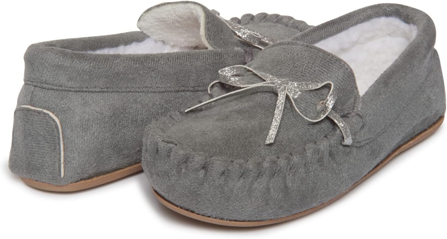 image:imageLucky Brand Girls Plush Glitter Bow Moccasin Slippers Rubber Sole Indoor Outdoor House Shoes Kids Bedroom Slipper MoccasinsGrey