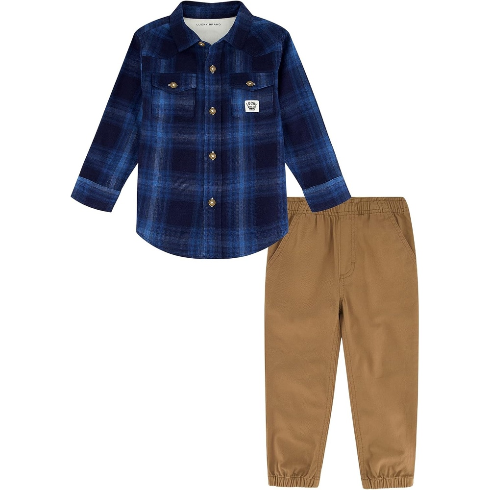 image:imageLucky Brand Baby Boys Comfortable and Stylish Fit Everyday Casual Wear 2Piece Woven SetBlue Plaid  Ermine