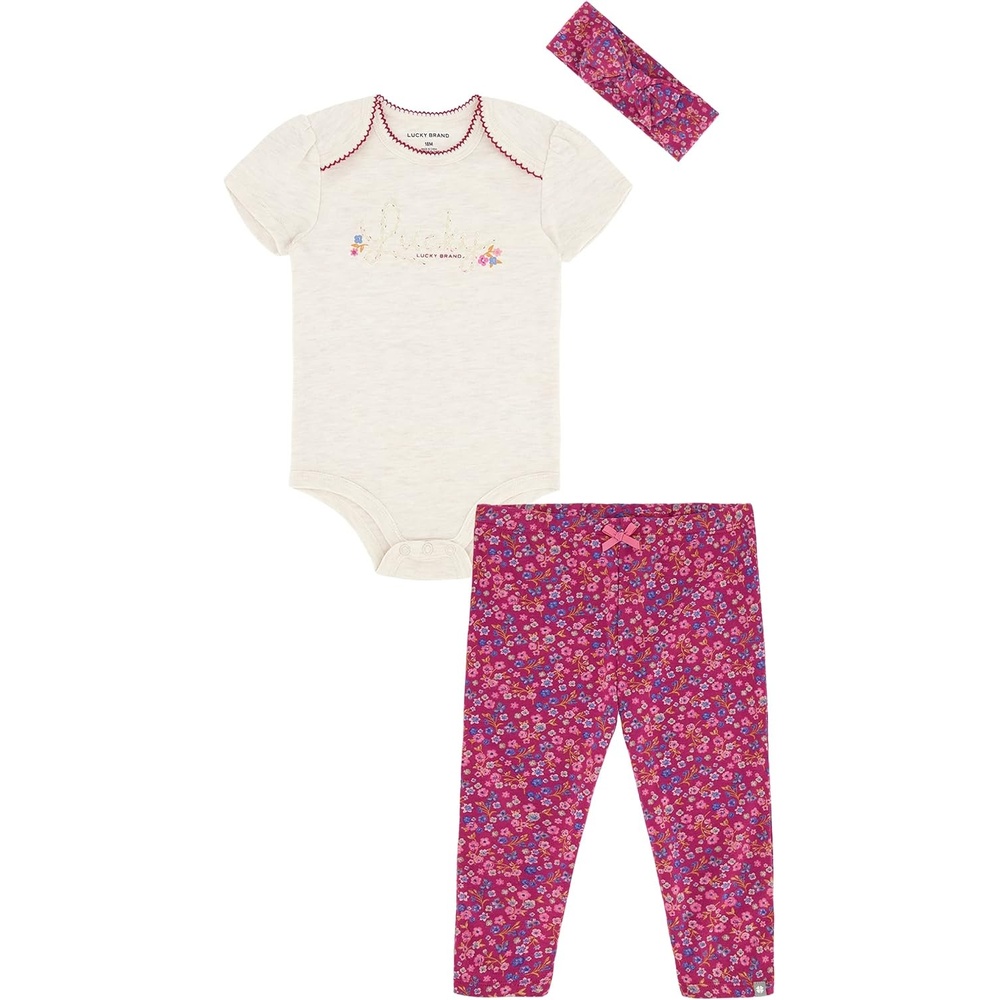 image:imageLucky Brand Baby Girls 3 Pieces Pant SetRed PlumOatmeal