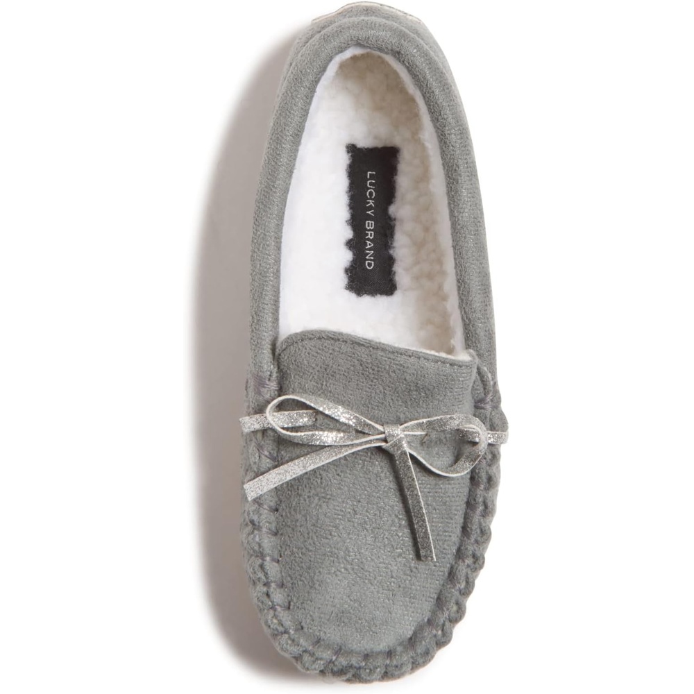 image:imageLucky Brand Girls Plush Glitter Bow Moccasin Slippers Rubber Sole Indoor Outdoor House Shoes Kids Bedroom Slipper MoccasinsGrey