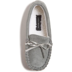 Lucky Brand Girls Plush Glitter Bow Moccasin Slippers, Rubber Sole Indoor Outdoor House Shoes, Kids Bedroom Slipper Moccasins(Grey)
