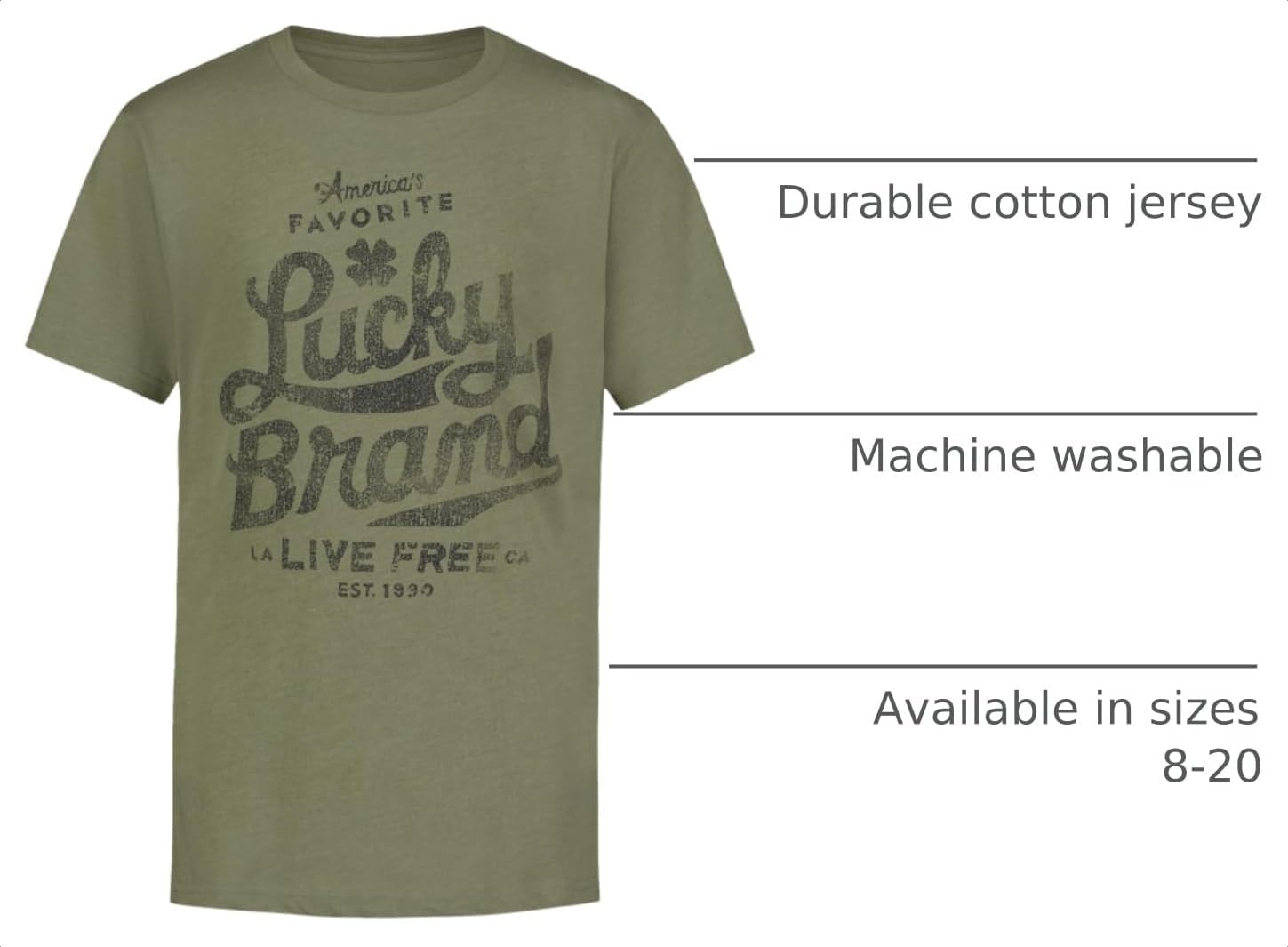 image:imageLucky Brand Boys Short Sleeve Graphic Crew Neck TShirt Soft Comfortable Relaxed FitFavorite Oil Green Heather