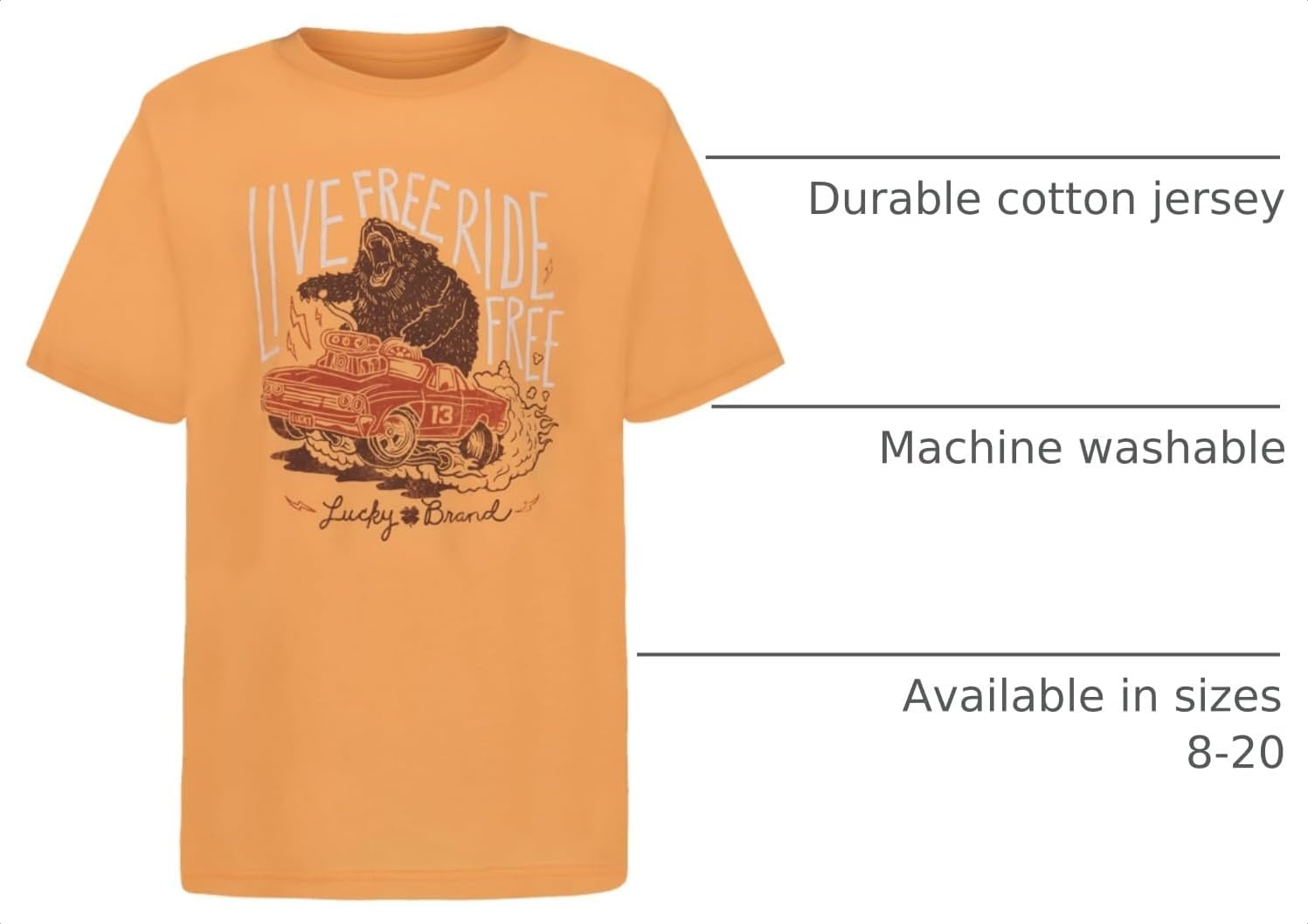 image:imageLucky Brand Boys Short Sleeve Graphic Crew Neck TShirt Soft Comfortable Relaxed FitRide Free Papaya