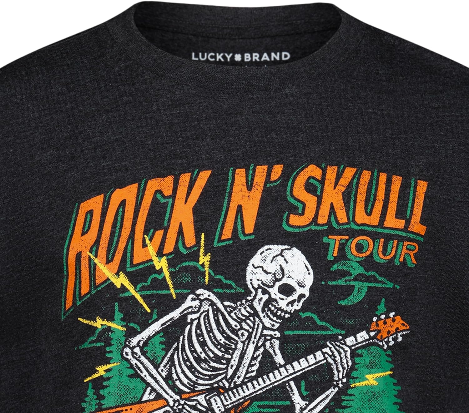 image:imageLucky Brand Boys Short Sleeve Graphic Crew Neck TShirt Soft Comfortable Relaxed FitRock N Skull Black Heather