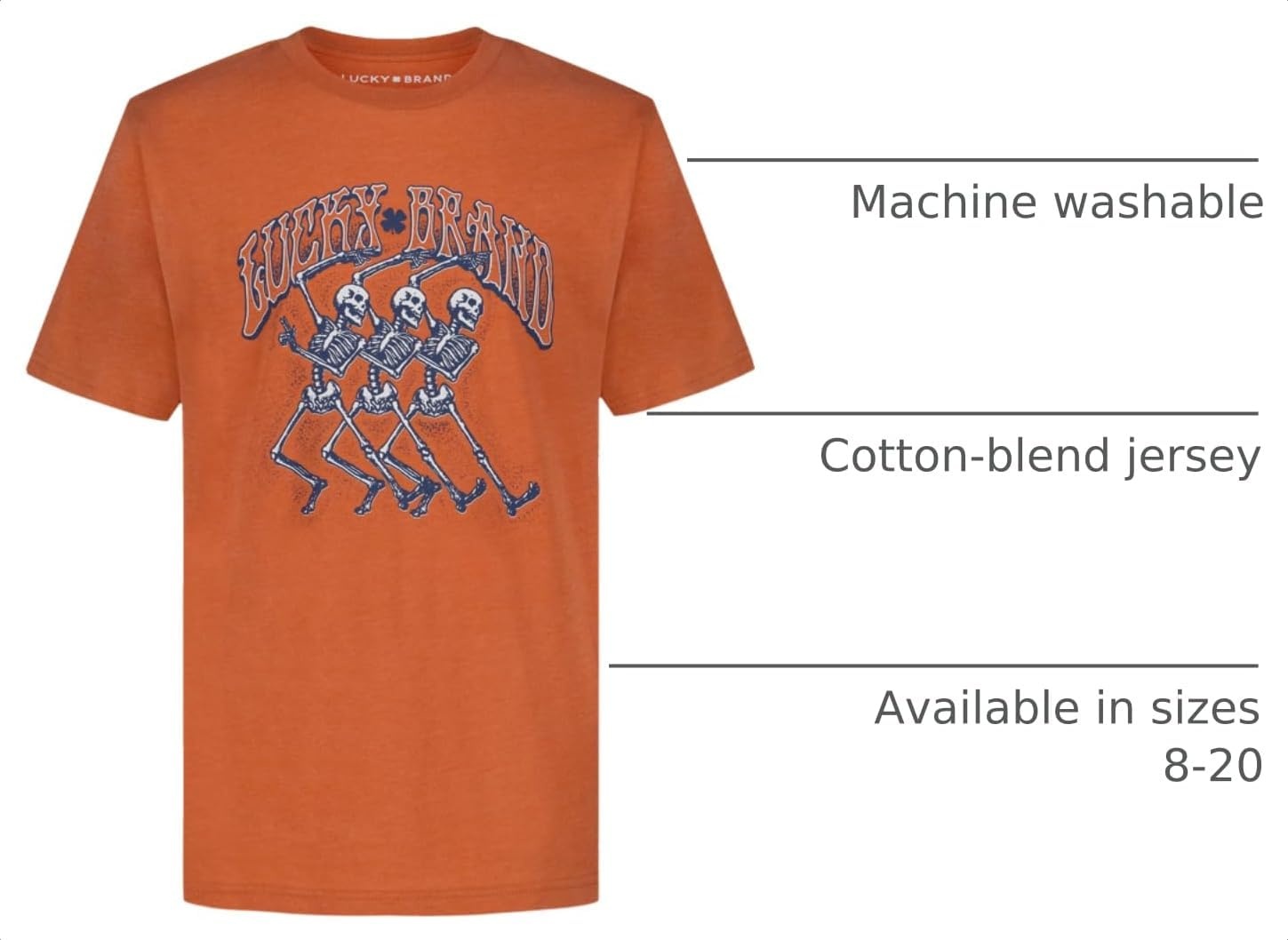 image:imageLucky Brand Boys Short Sleeve Graphic Crew Neck TShirt Soft Comfortable Relaxed FitSkeleton Dancers Rust