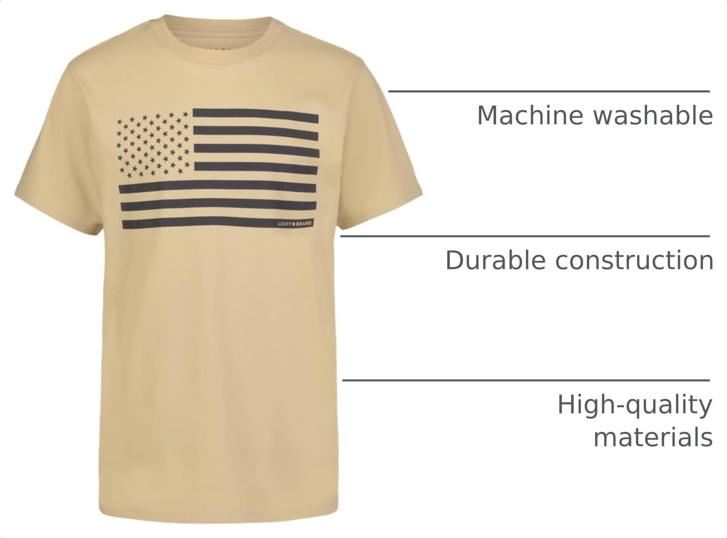 image:imageLucky Brand Boys Short Sleeve Graphic Crew Neck TShirt Soft Comfortable Relaxed FitUs Flag Pale Khaki