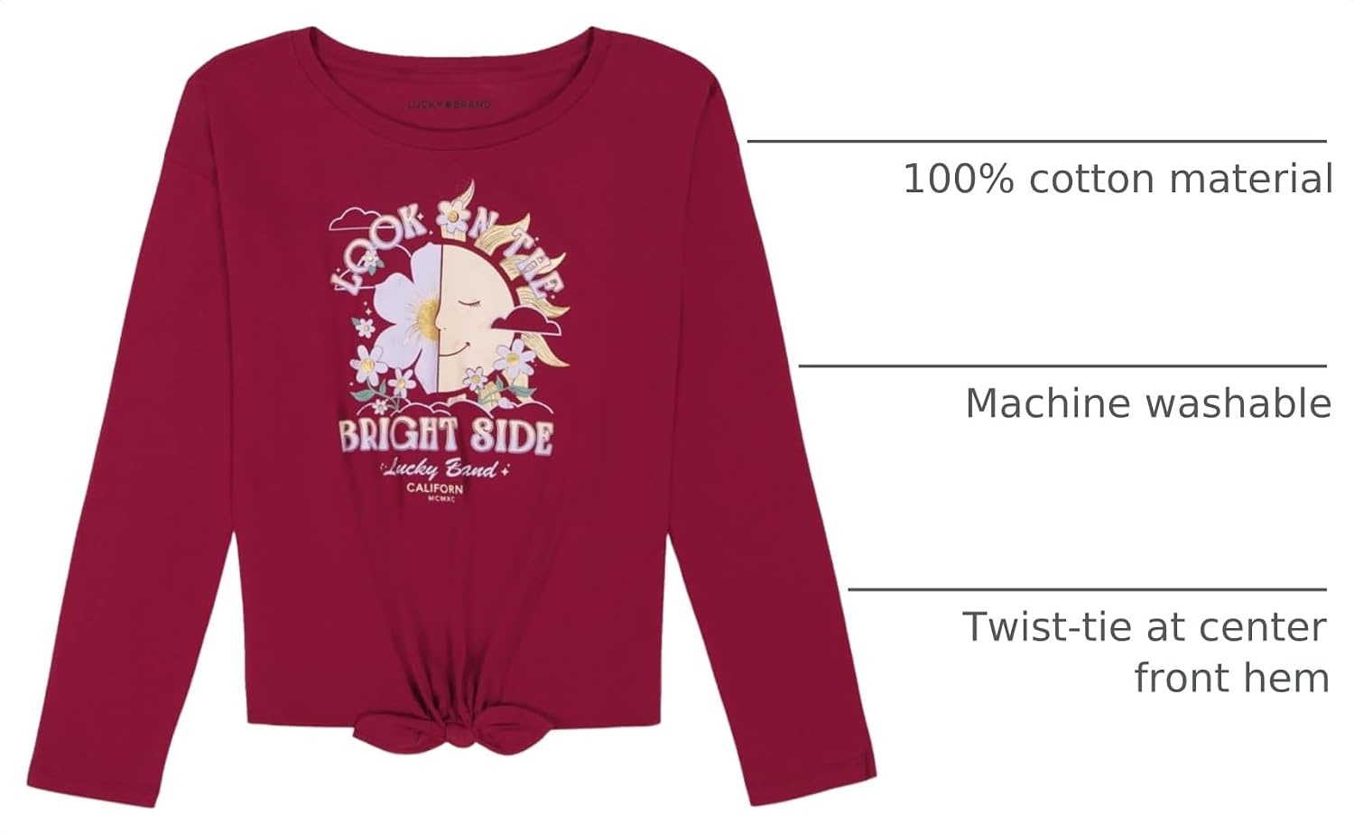 image:imageLucky Brand Girls Long Sleeve Graphic TShirt Tagless Cotton Tee with Fun DesignsRed Plum