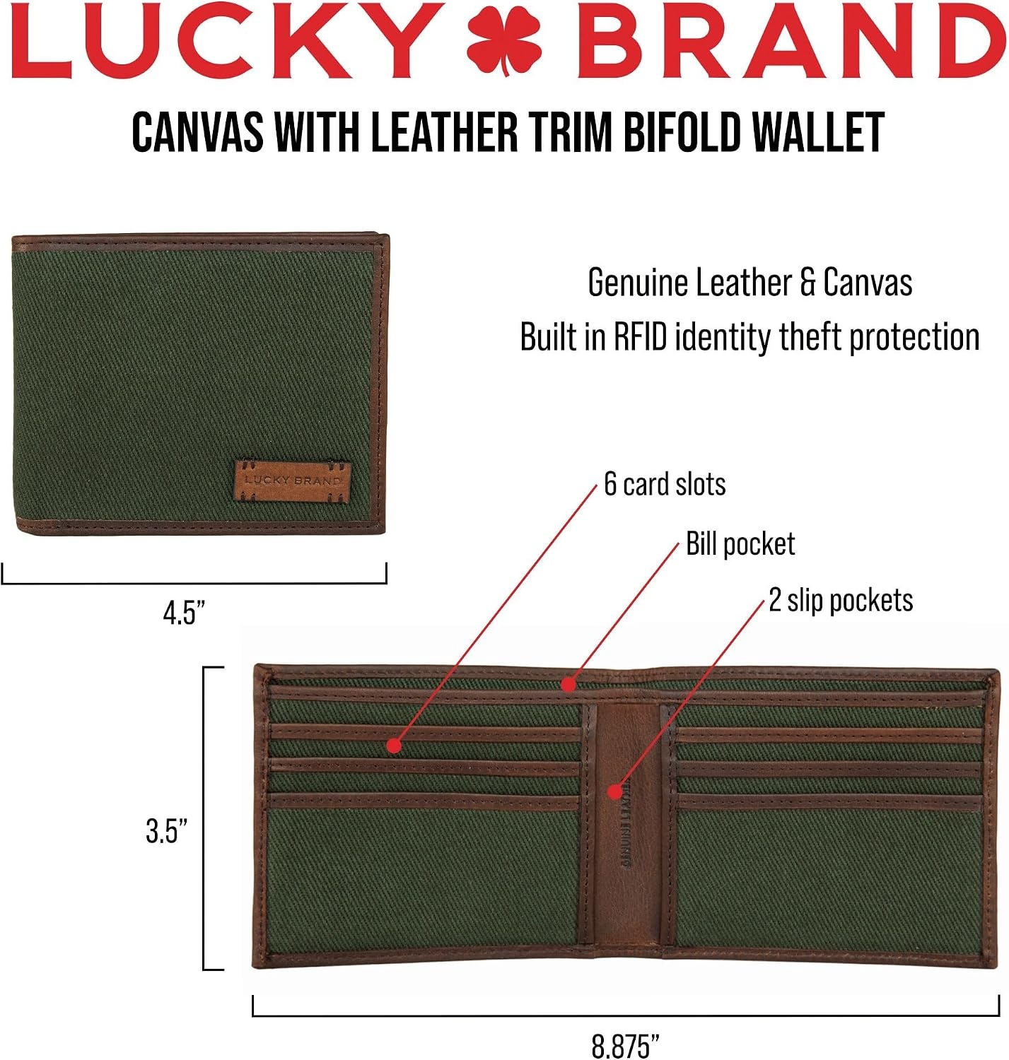 image:imageLucky Brand Mens Bifold and LFold Wallet ID Window Card Slots Genuine Leather Organization StylishCanvasLeather Khaki