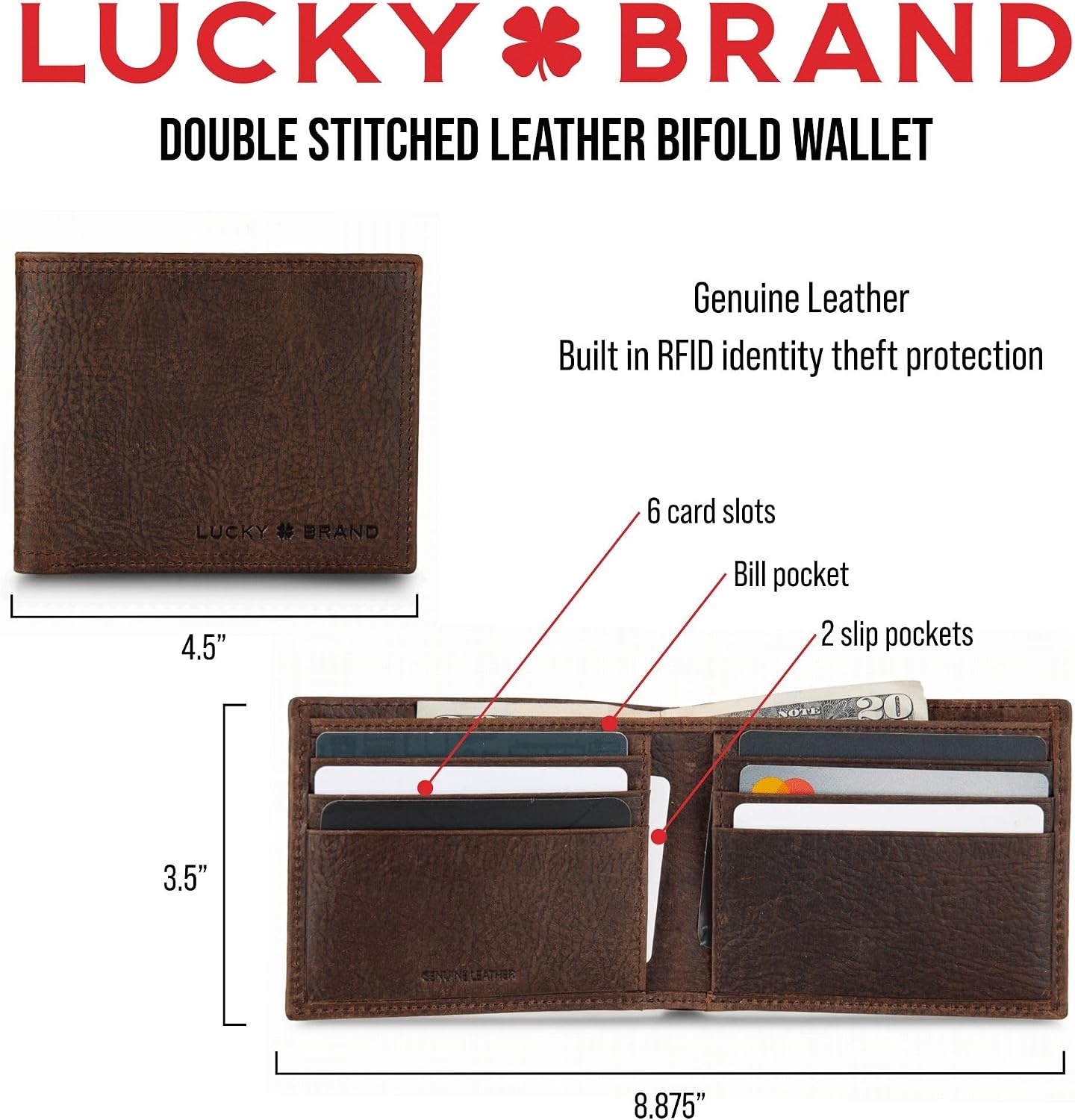 image:imageLucky Brand Mens Bifold and LFold Wallet ID Window Card Slots Genuine Leather Organization StylishDBL Stitched Leather Brown