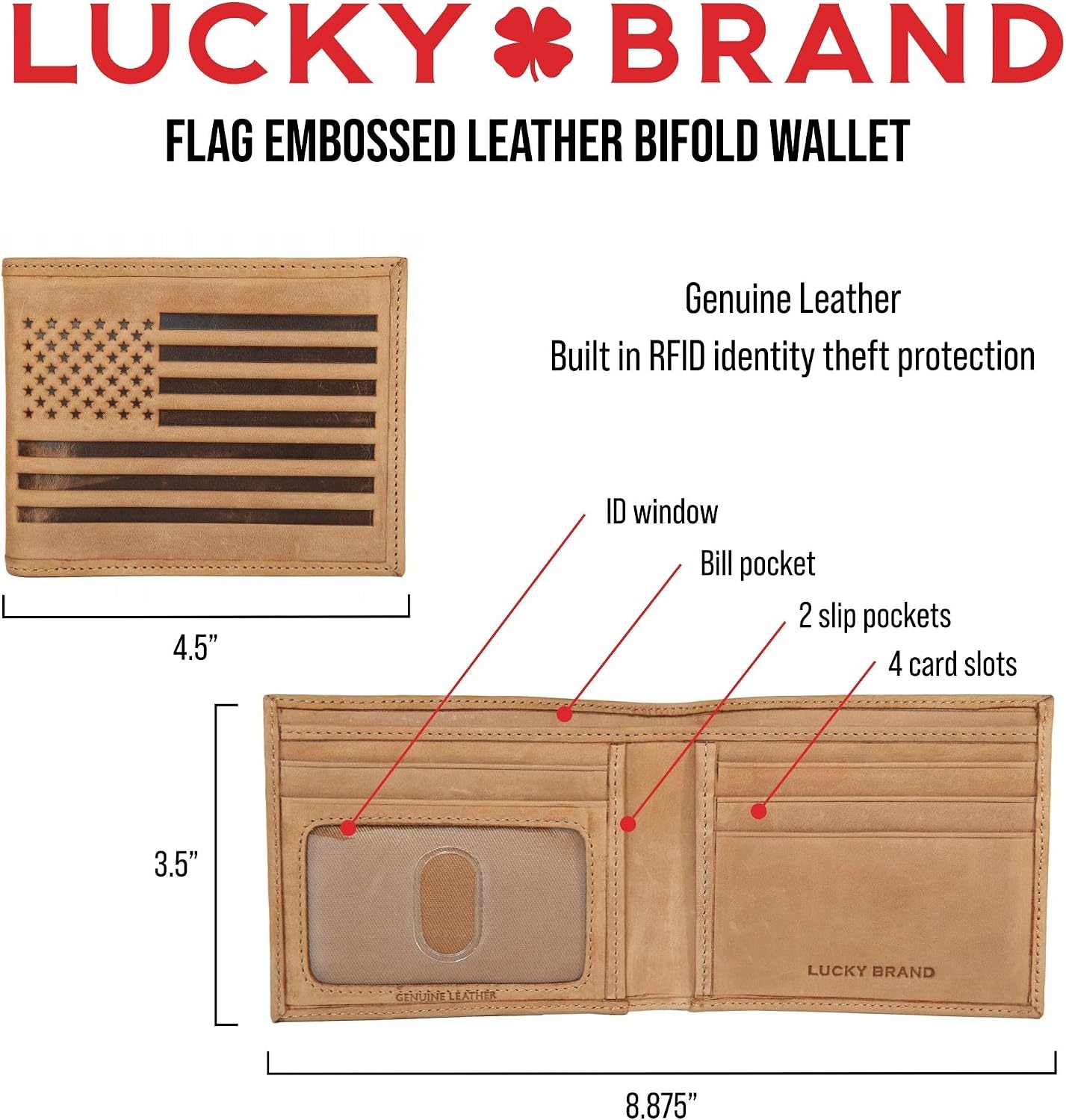 image:imageLucky Brand Mens Bifold and LFold Wallet ID Window Card Slots Genuine Leather Organization StylishFlag Embossed Leather Tan