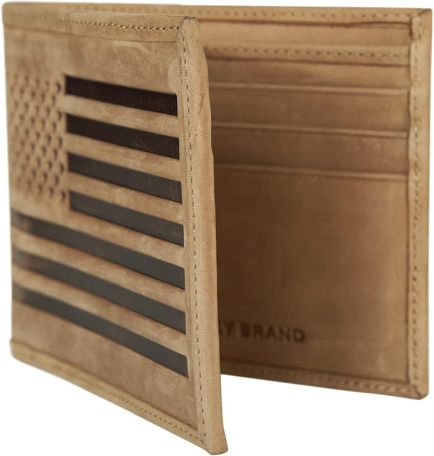 image:imageLucky Brand Mens Bifold and LFold Wallet ID Window Card Slots Genuine Leather Organization StylishFlag Embossed Leather Tan