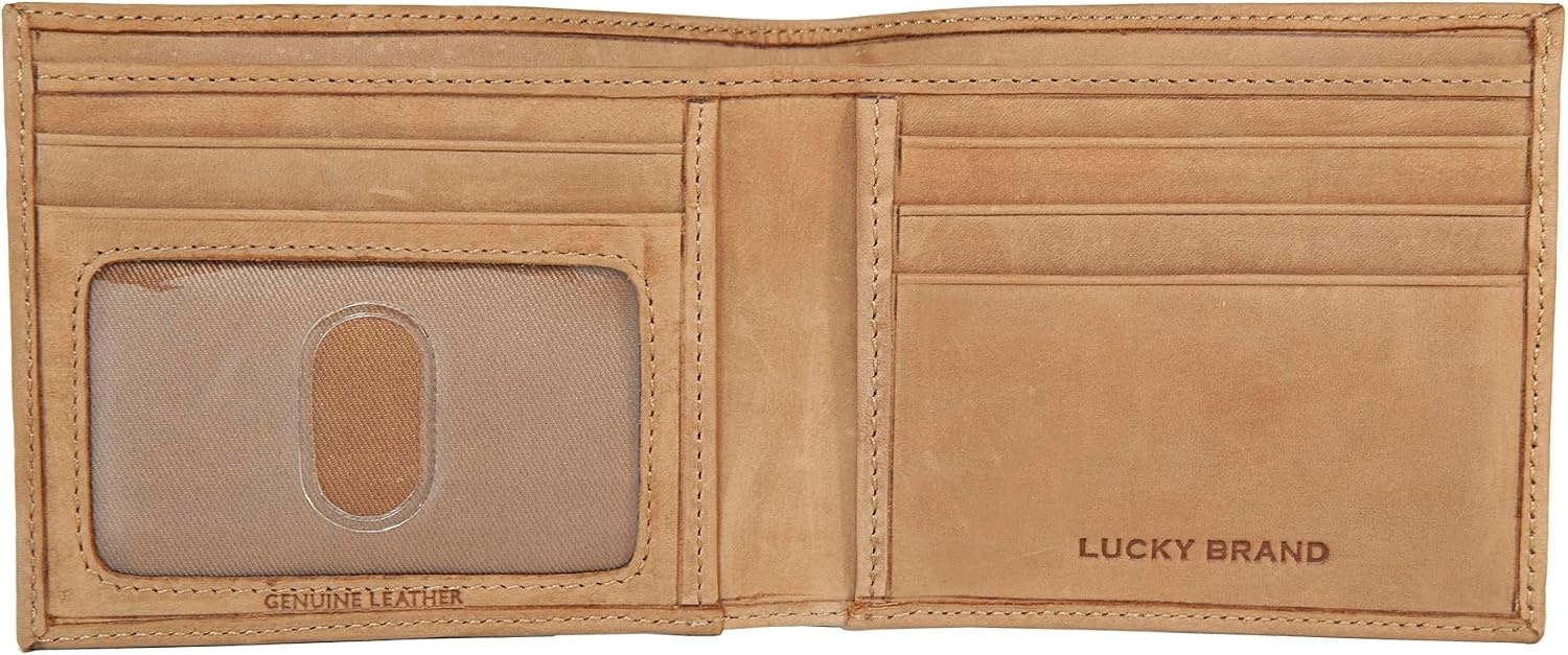 image:imageLucky Brand Mens Bifold and LFold Wallet ID Window Card Slots Genuine Leather Organization StylishFlag Embossed Leather Tan