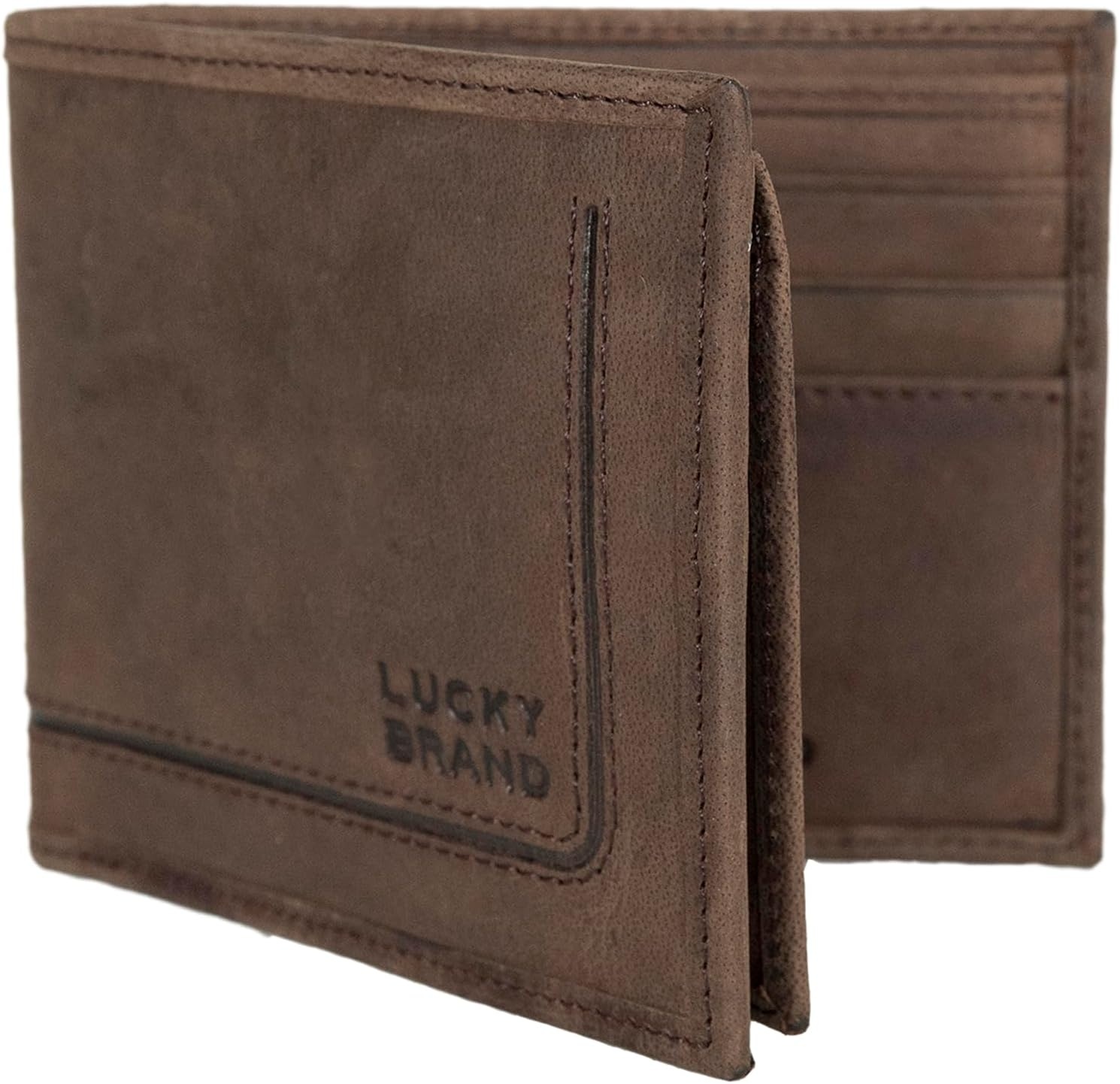 image:imageLucky Brand Mens Bifold and LFold Wallet ID Window Card Slots Genuine Leather Organization StylishGrooved Leather Brown