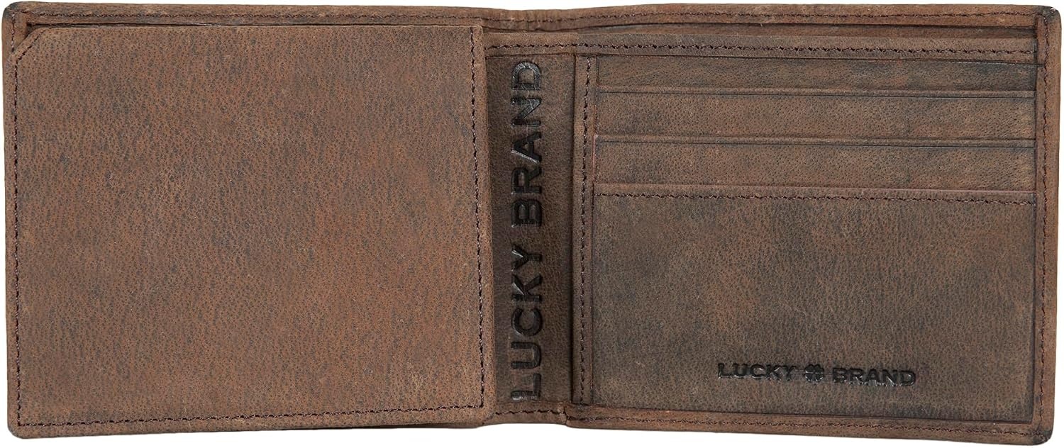 image:imageLucky Brand Mens Bifold and LFold Wallet ID Window Card Slots Genuine Leather Organization StylishGrooved Leather Brown