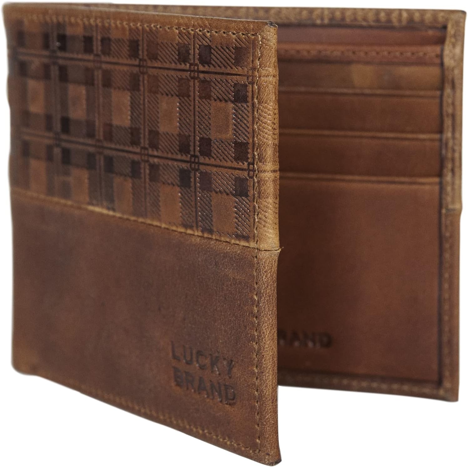 image:imageLucky Brand Mens Bifold and LFold Wallet ID Window Card Slots Genuine Leather Organization StylishPlaid Embossed Leather Brown