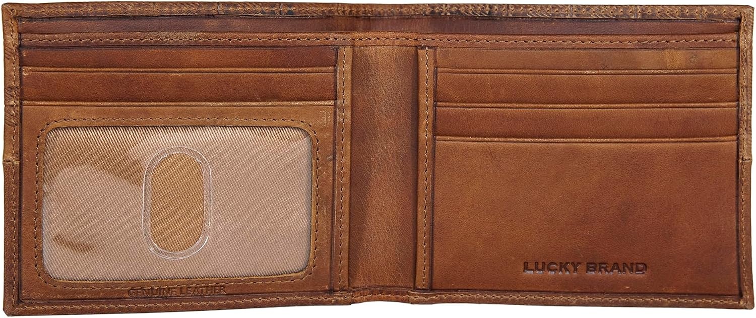 image:imageLucky Brand Mens Bifold and LFold Wallet ID Window Card Slots Genuine Leather Organization StylishPlaid Embossed Leather Brown