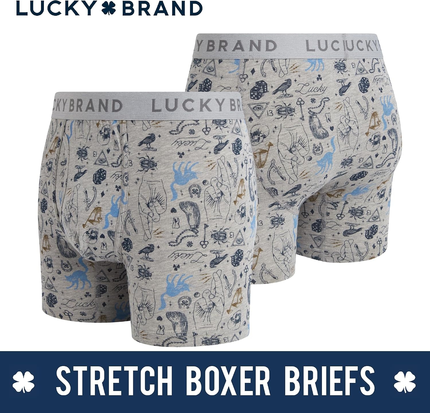 image:imageLucky Brand Mens Boxer Briefs 3 Pack Soft Stretch Casual Mens Underwear with Functional Fly Pouch Boxers S2XL Breathable Fabric Blend Promotes Airflow and Lasting Shape Flexible Fit Adapts to Your Everyday MovementsIndigoGrey Heather PrintCoronet Blue