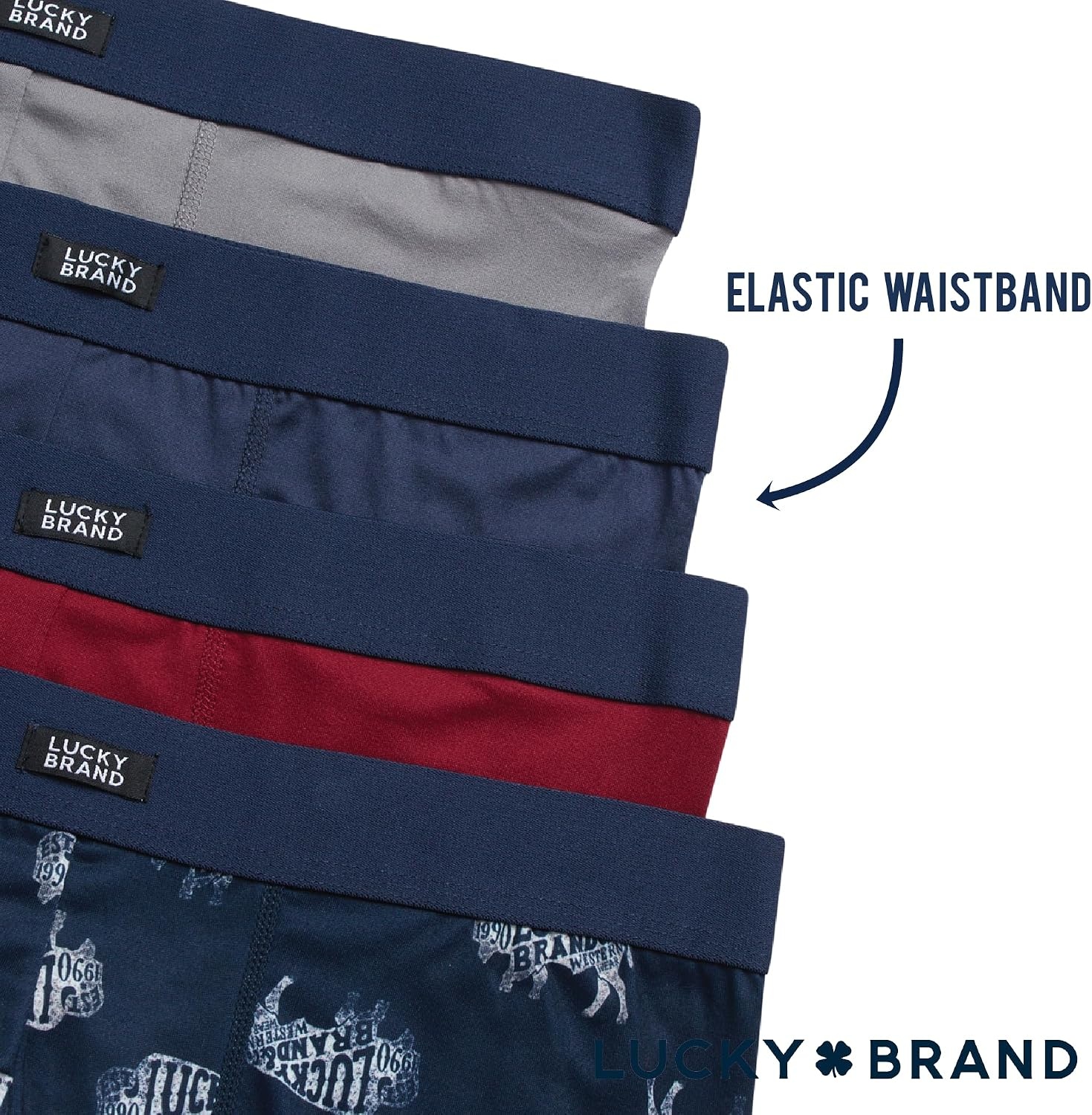 image:imageLucky Brand Mens Boxer Briefs 4 Pack Athletic Boxer Briefs for Men Soft Stretch Mens Underwear with Pouch 6 InseamMood IndigoLight GreyPrintTibetan Red