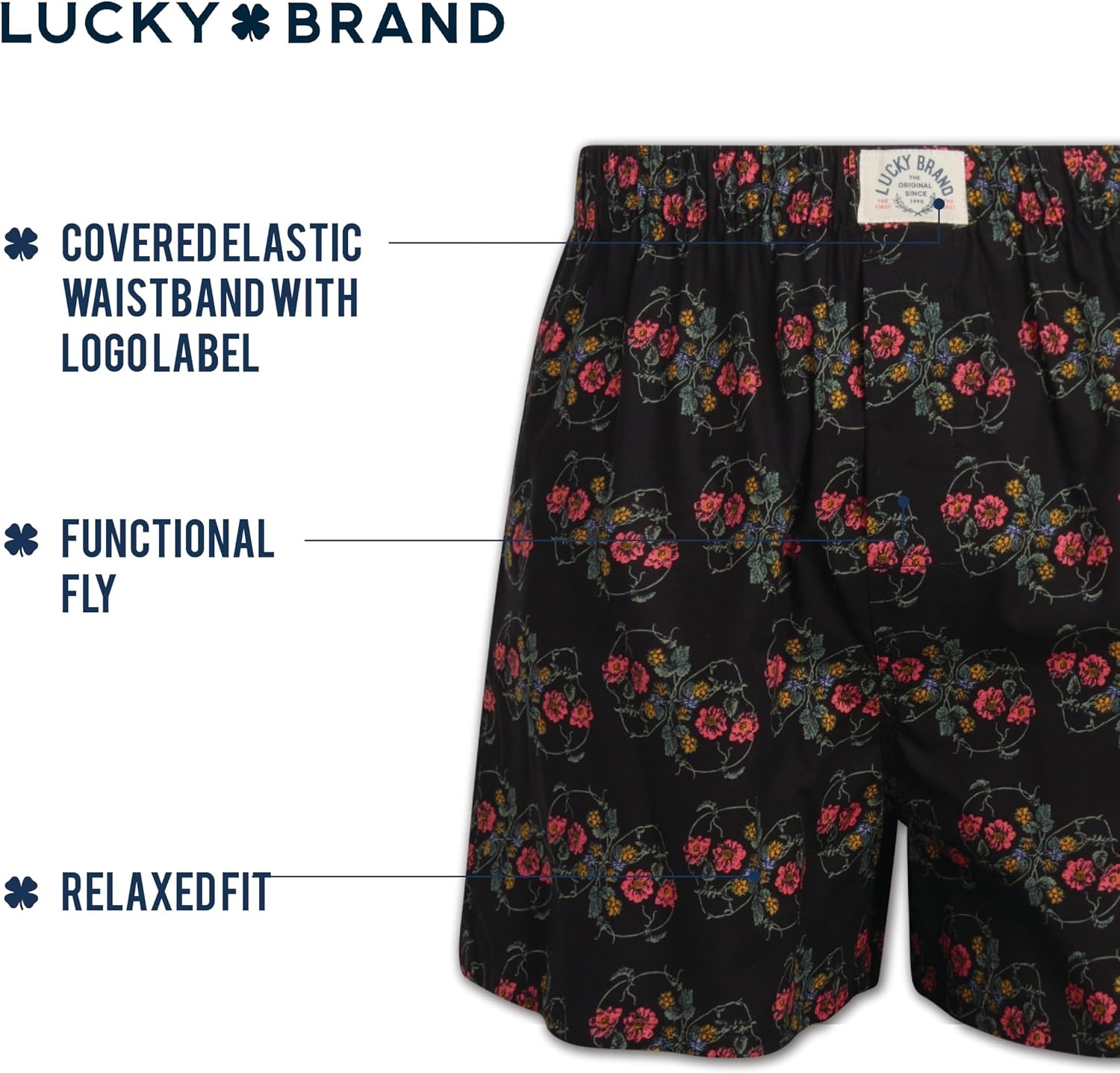 image:imageLucky Brand Mens Boxer Shorts 6 Pack Soft Cotton Relaxed Fit 4 Inseam Mens Underwear Boxers with Functional FlyVintage IndigoJet Black PrintBlue Spruce