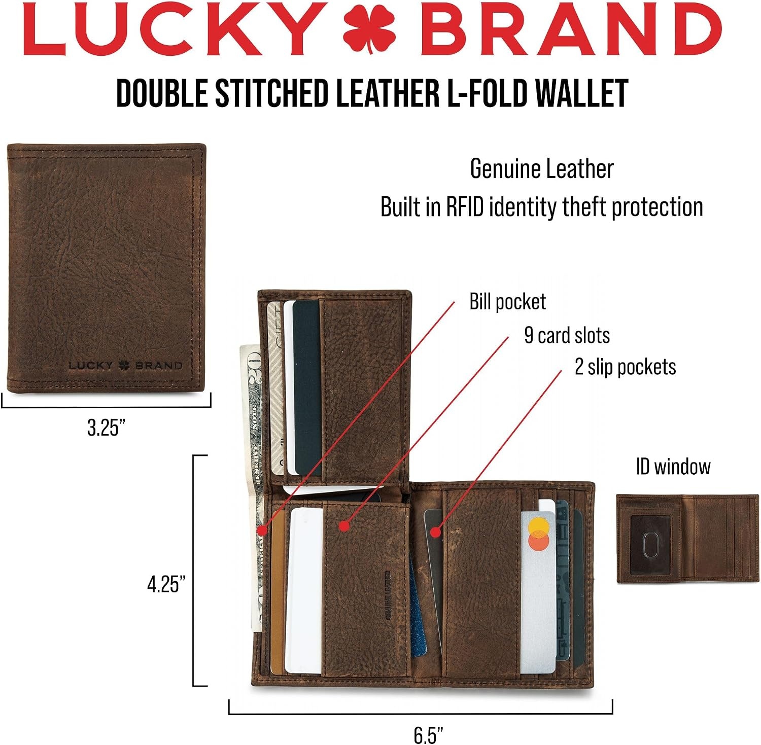 image:imageLucky Brand Mens Double Stitched Leather LFold Wallet ID Window Card Slots Billfold Design Genuine Leather Organization Durable Stylish Brown
