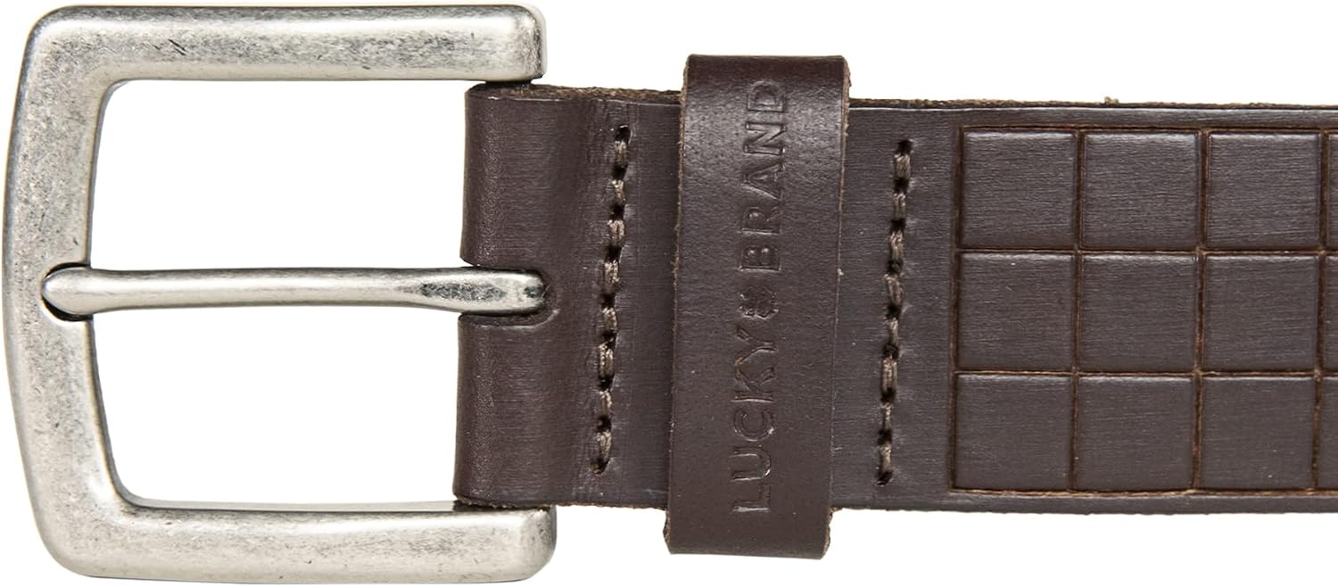 image:imageLucky Brand Mens Genuine Leather Belt Classic Casual Everyday Western American Heritage Metal BuckleGrid Tooled Embossed Brown