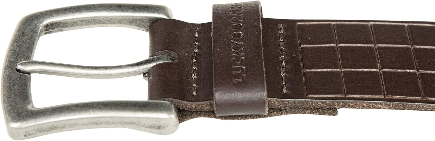 image:imageLucky Brand Mens Genuine Leather Belt Classic Casual Everyday Western American Heritage Metal BuckleGrid Tooled Embossed Brown