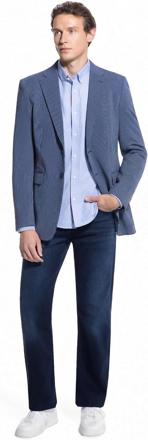 image:imageLucky Brand Mens Heather Knit Sport Coat Slim Fit Plaid Pattern 2 Button Notch CollarBlue