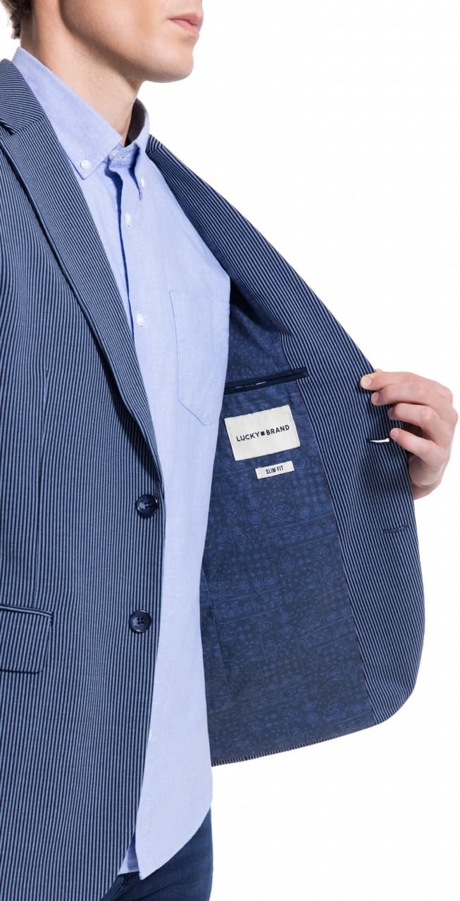 image:imageLucky Brand Mens Heather Knit Sport Coat Slim Fit Plaid Pattern 2 Button Notch CollarBlue