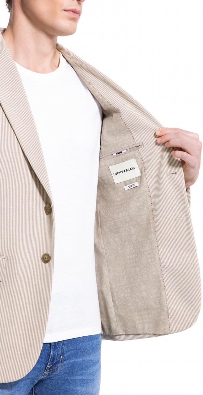 image:imageLucky Brand Mens Heather Knit Sport Coat Slim Fit Plaid Pattern 2 Button Notch CollarTan