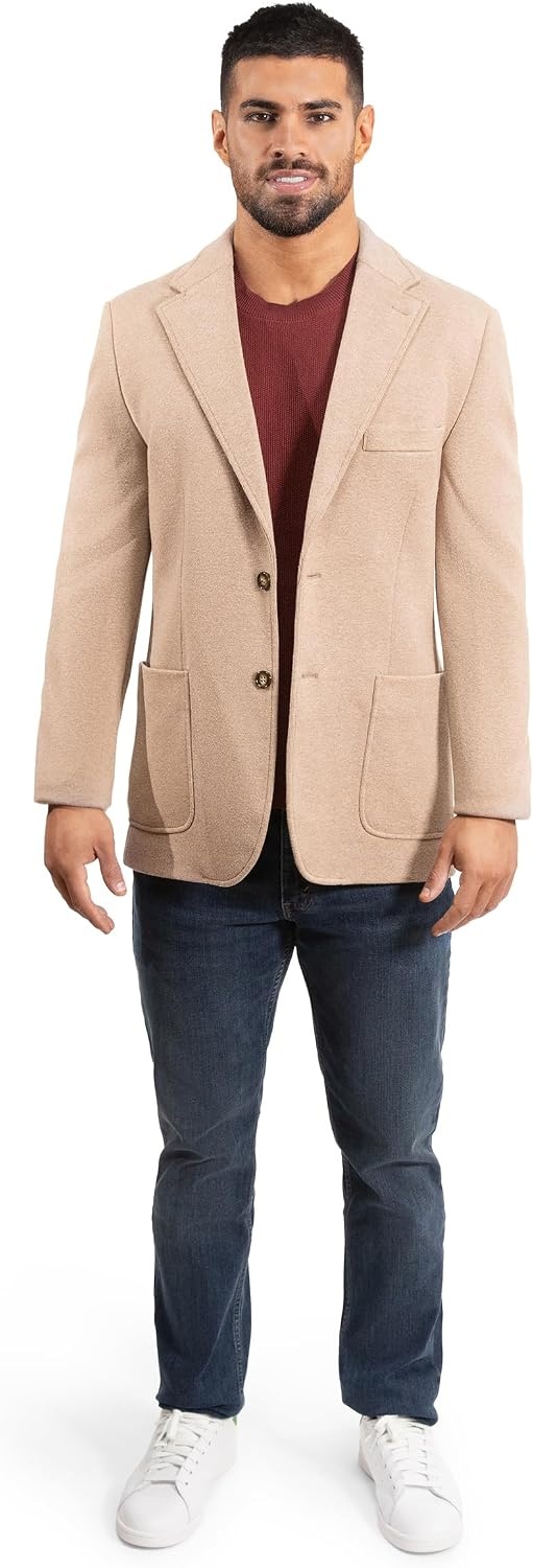 image:imageLucky Brand Mens Knit Blazer Sportcoat Rayon Polyester Blend Slim Fit Plaid 2 Button Notch CollarCamel