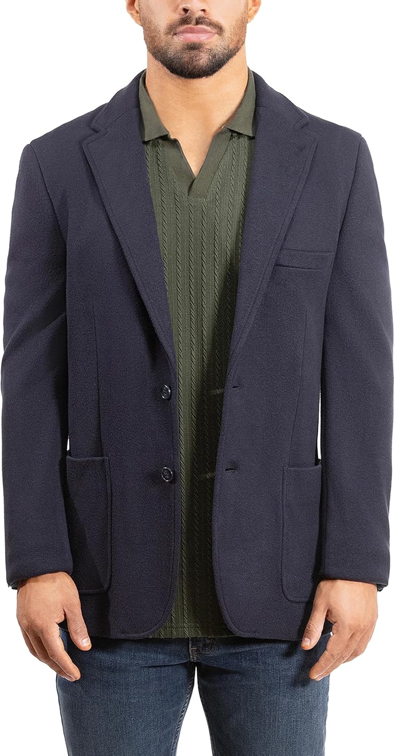image:imageLucky Brand Mens Knit Blazer Sportcoat Rayon Polyester Blend Slim Fit Plaid 2 Button Notch CollarNavy