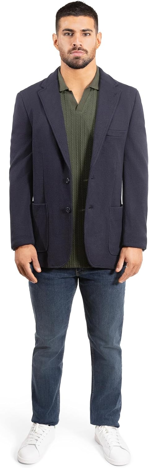 image:imageLucky Brand Mens Knit Blazer Sportcoat Rayon Polyester Blend Slim Fit Plaid 2 Button Notch CollarNavy