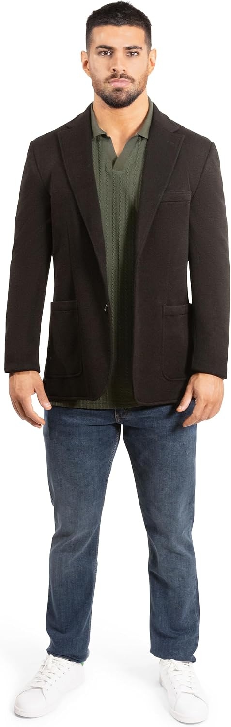 image:imageLucky Brand Mens Knit Plaid Blazer Black Slim Fit Rayon and Polyester Blend Sportcoat with Notch Collar
