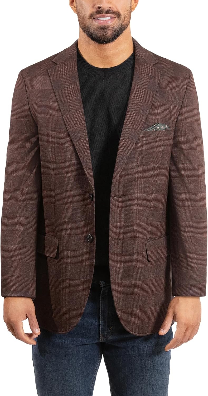image:imageLucky Brand Mens Knit Sportcoat Slim Fit Rayon Polyester Spandex Glen Plaid Notch Collar 2 Button ClosureBurgundy