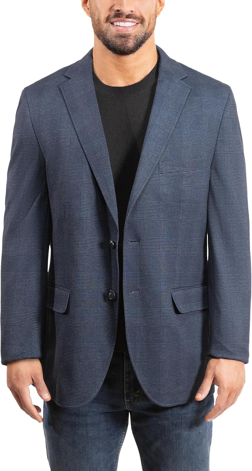 image:imageLucky Brand Mens Knit Sportcoat Slim Fit Rayon Polyester Spandex Glen Plaid Notch Collar 2 Button ClosureNavy
