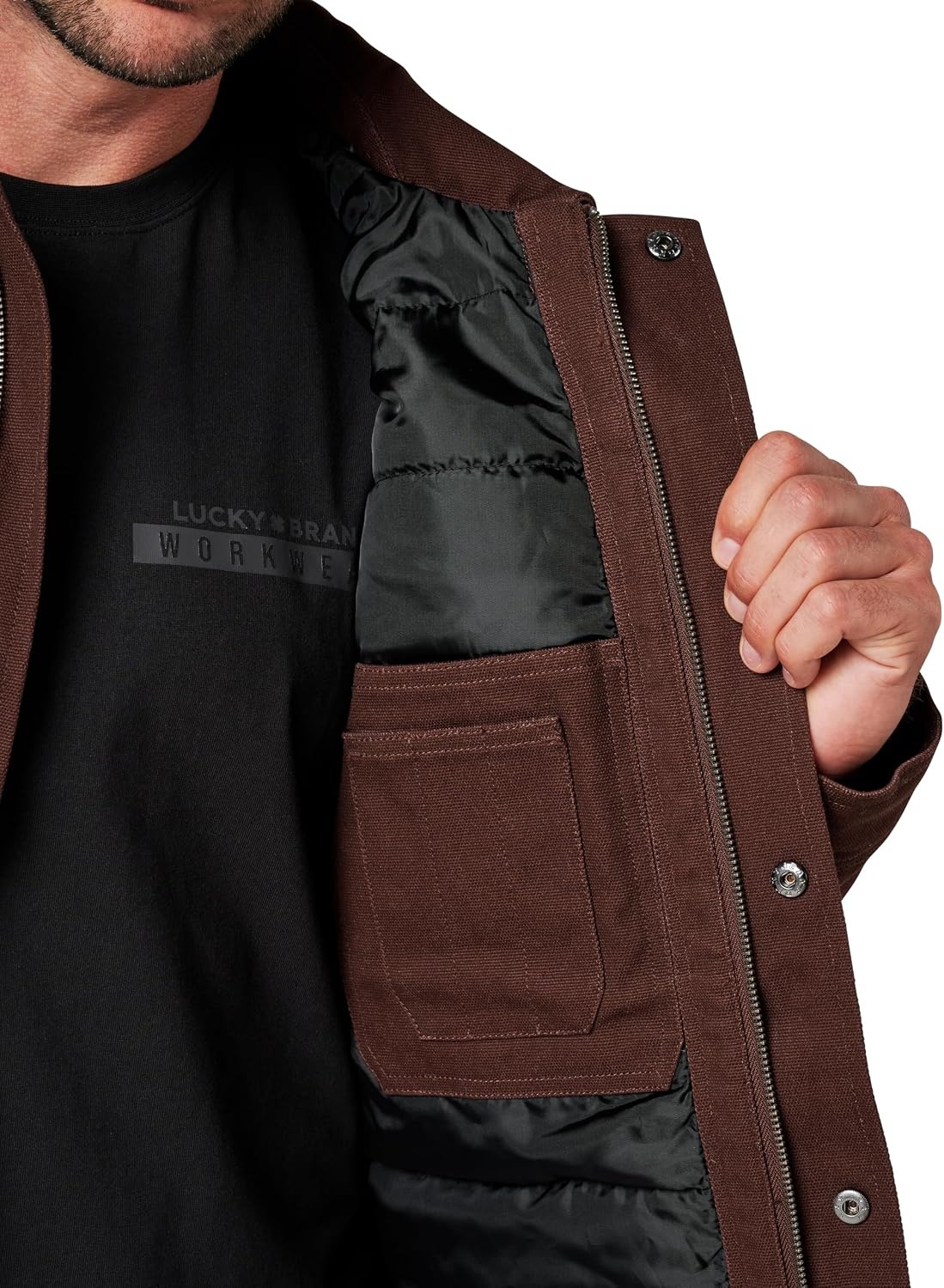 image:imageLucky Brand Mens Mens Full Zip Canvas Chore Jacket With Quilted LiningFudge Brown