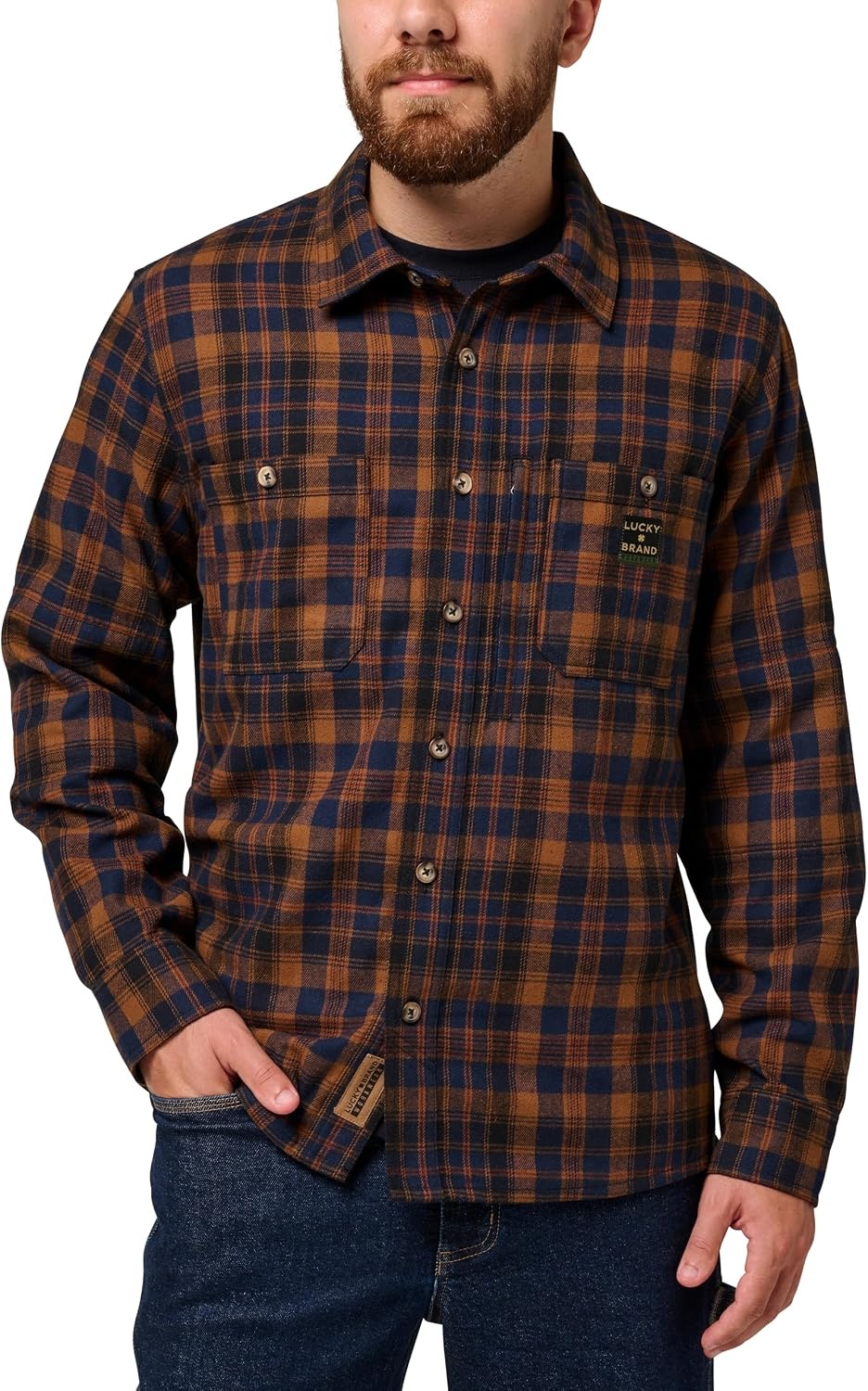 image:imageLucky Brand Mens Mens Long Sleeve Elstar Yarn Dyed Plaid Flannel Work ShirtRusty Bronze