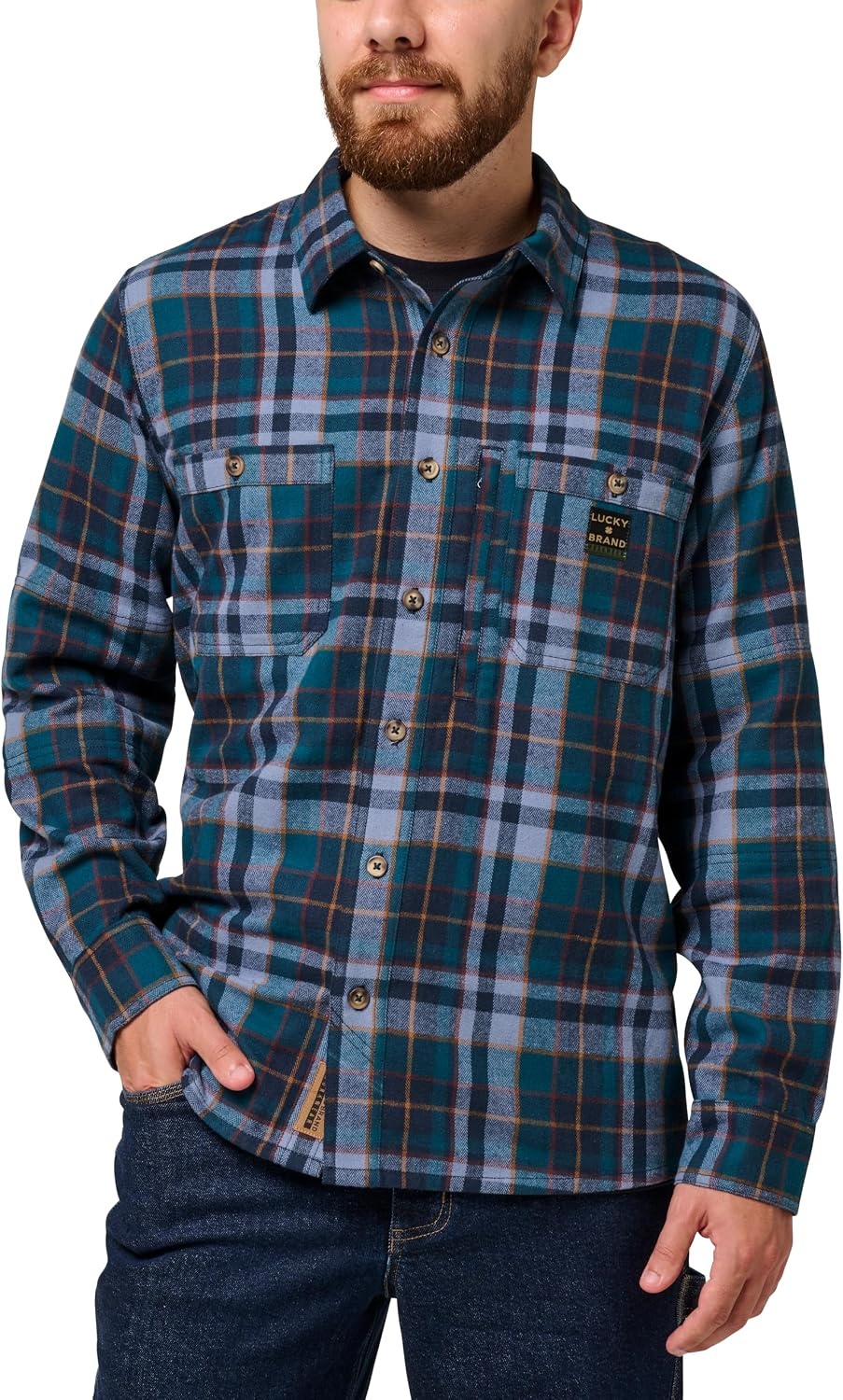 image:imageLucky Brand Mens Mens Long Sleeve Everglades Yarn Dyed Plaid Flannel Work ShirtDk Teal