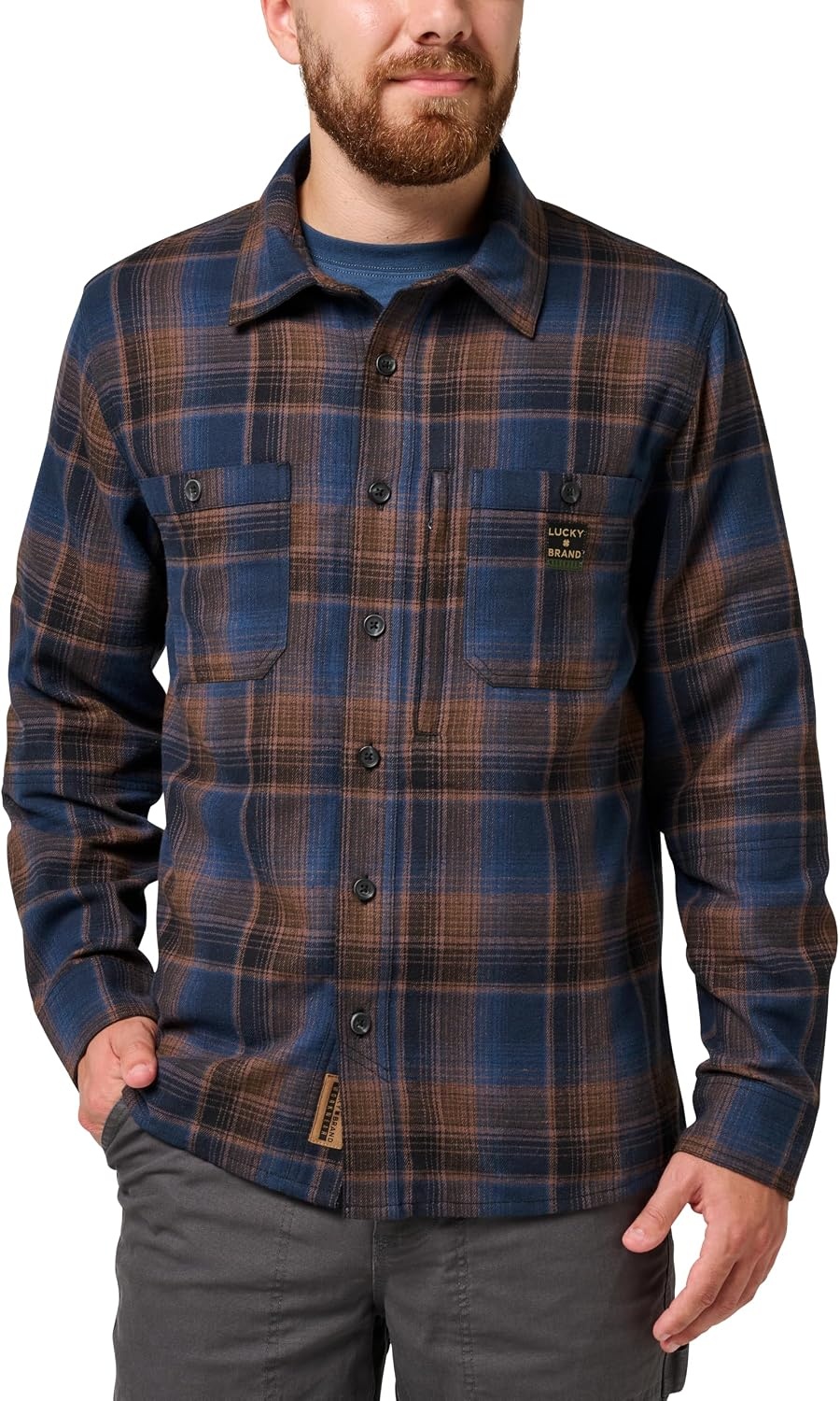 image:imageLucky Brand Mens Mens Long Sleeve Rainier Yarn Dyed Plaid Flannel Work ShirtDk Navy