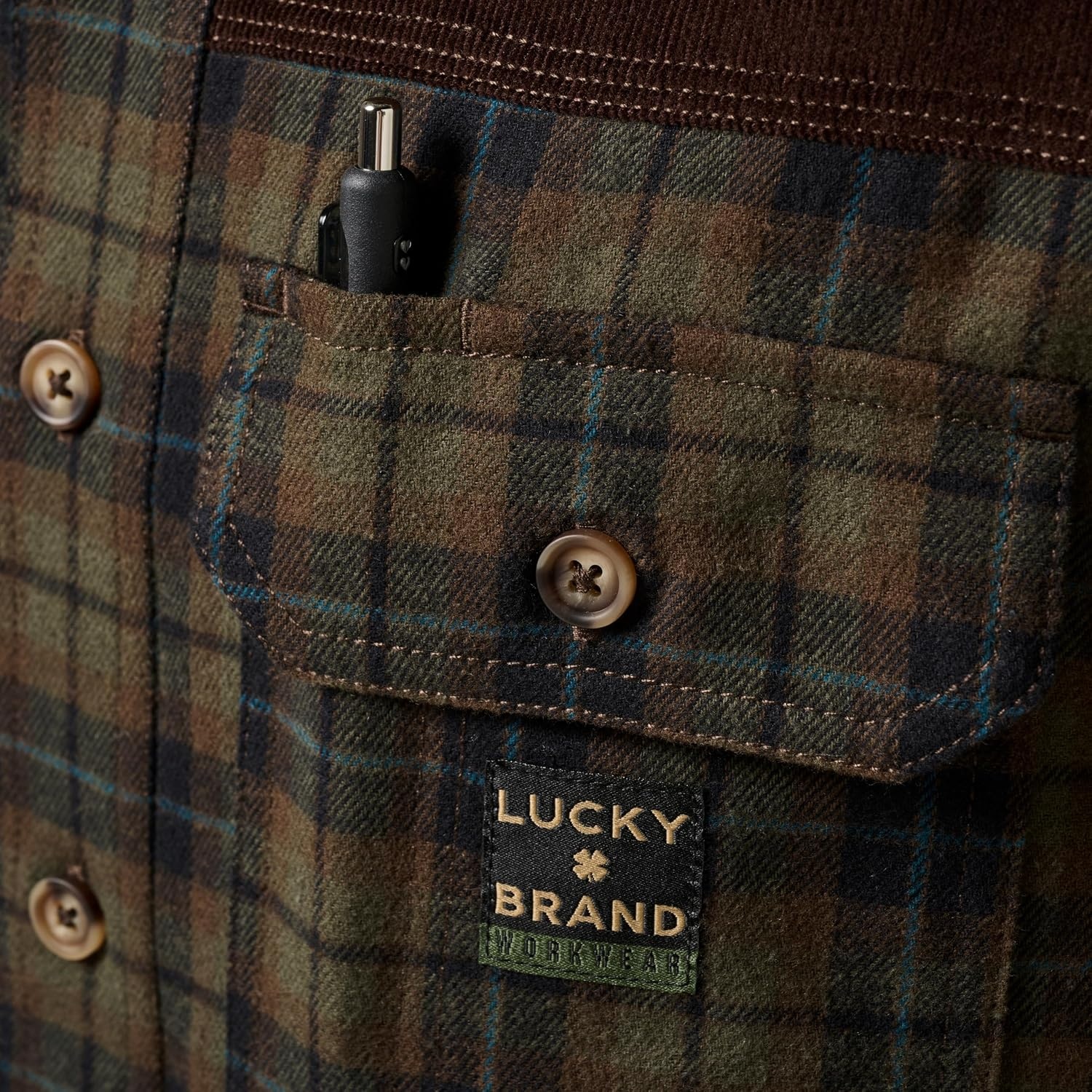 image:imageLucky Brand Mens Mens Long Sleeve Yarn Dyed Plaid Flannel Corduroy Yoke Work ShirtDk Olive