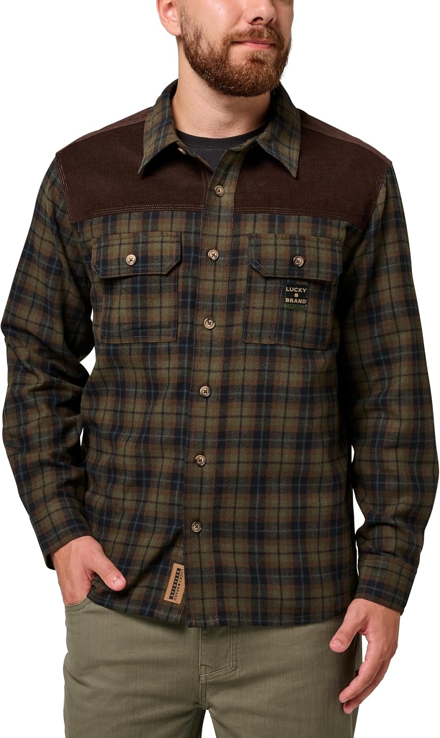 image:imageLucky Brand Mens Mens Long Sleeve Yarn Dyed Plaid Flannel Corduroy Yoke Work ShirtDk Olive