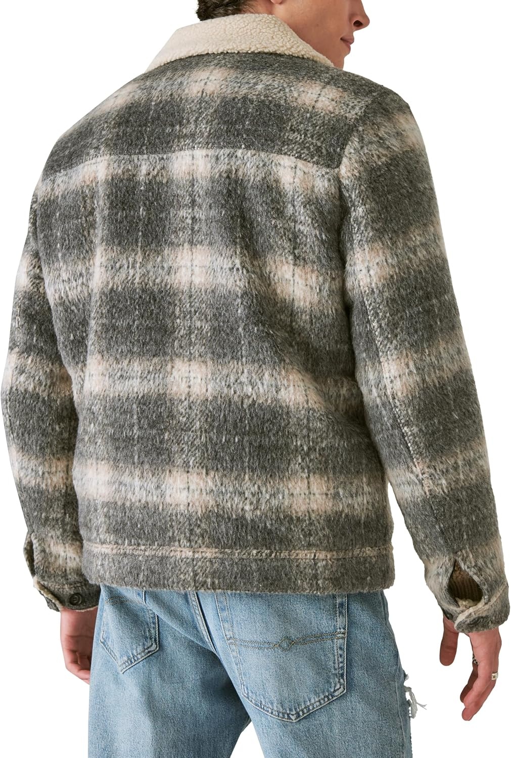 image:imageLucky Brand Mens Mens Plaid Faux Shearling Lined Trucker JacketGrey Plaid